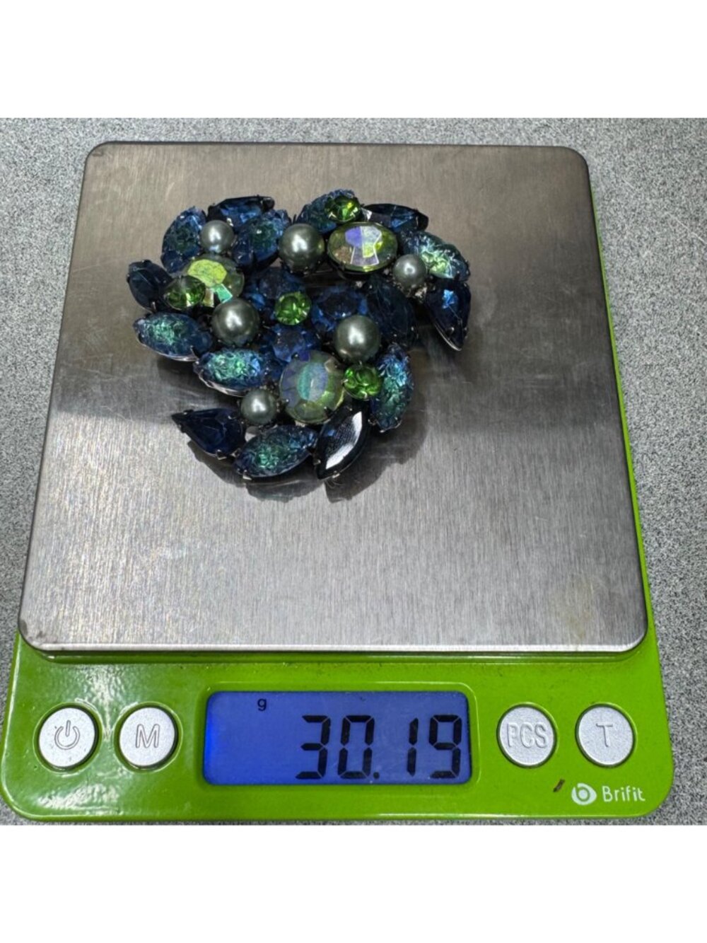Molded Glass AB Kramer Blue & Green Rhinestone Brooch Pearls Aurora Borealis 2" - Picture 6 of 9